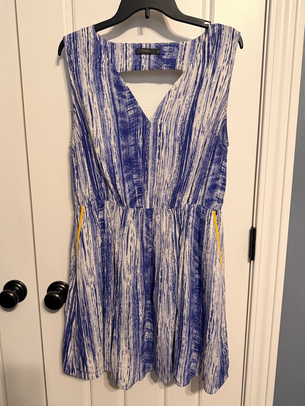 THML Blue and White V-Neck Sleeveless Mini Dress with Yellow Trim
